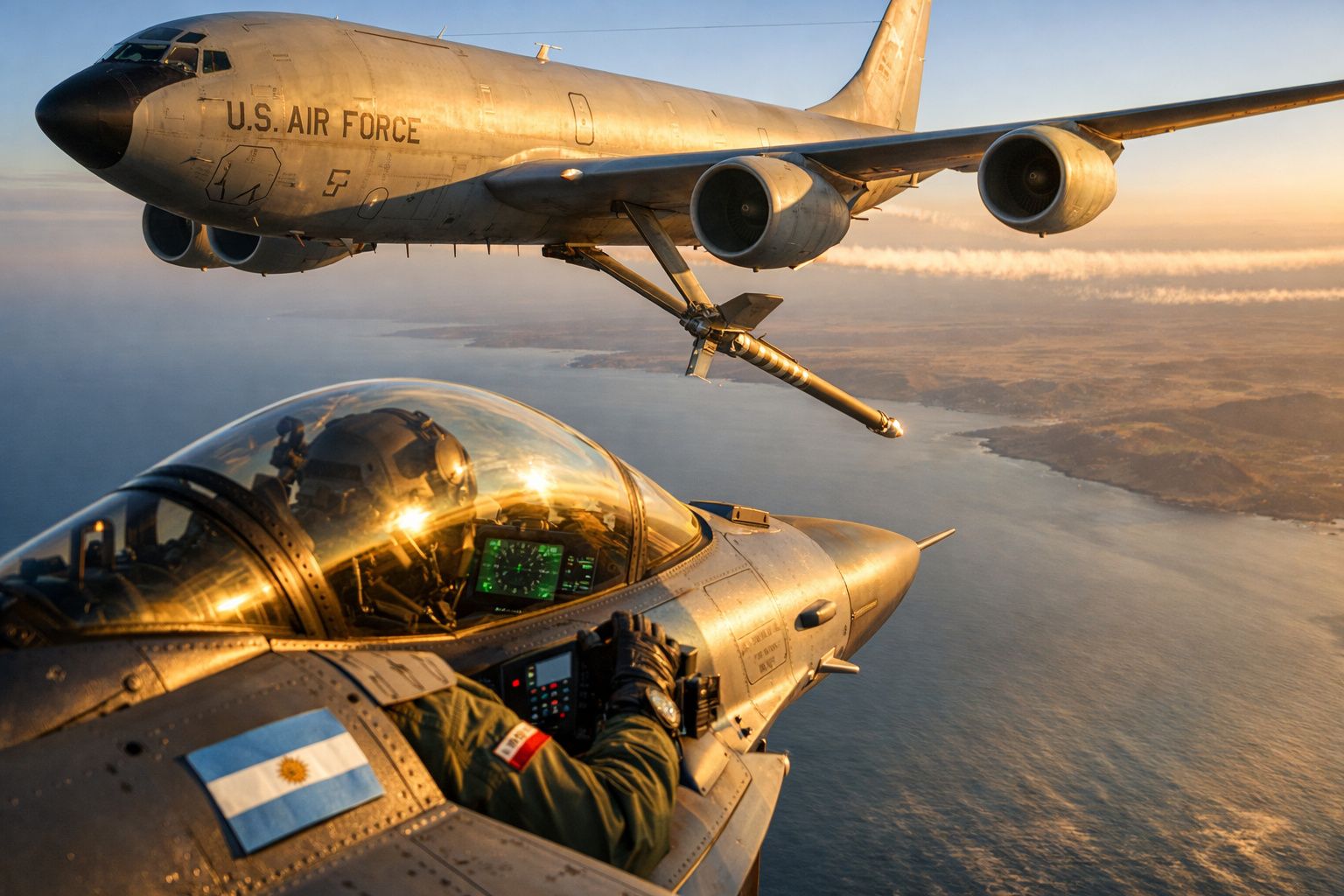 Aviões militares em voo, um com bandeira da Argentina e outro da Força Aérea dos EUA, durante reabastecimento aéreo.