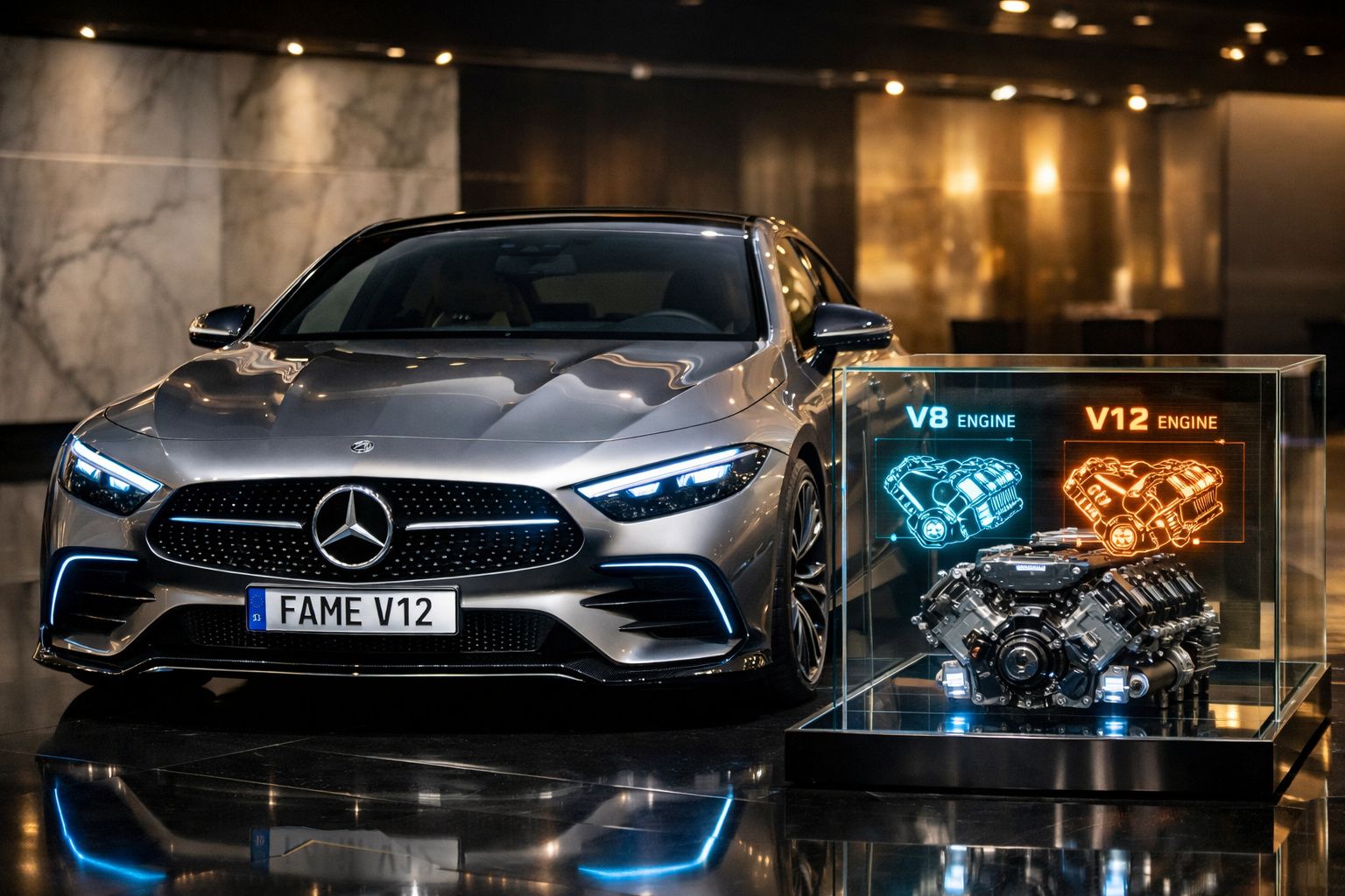 Automóvel Mercedes prata com equipamento e motor V12 exposto em caixa de vidro iluminada.