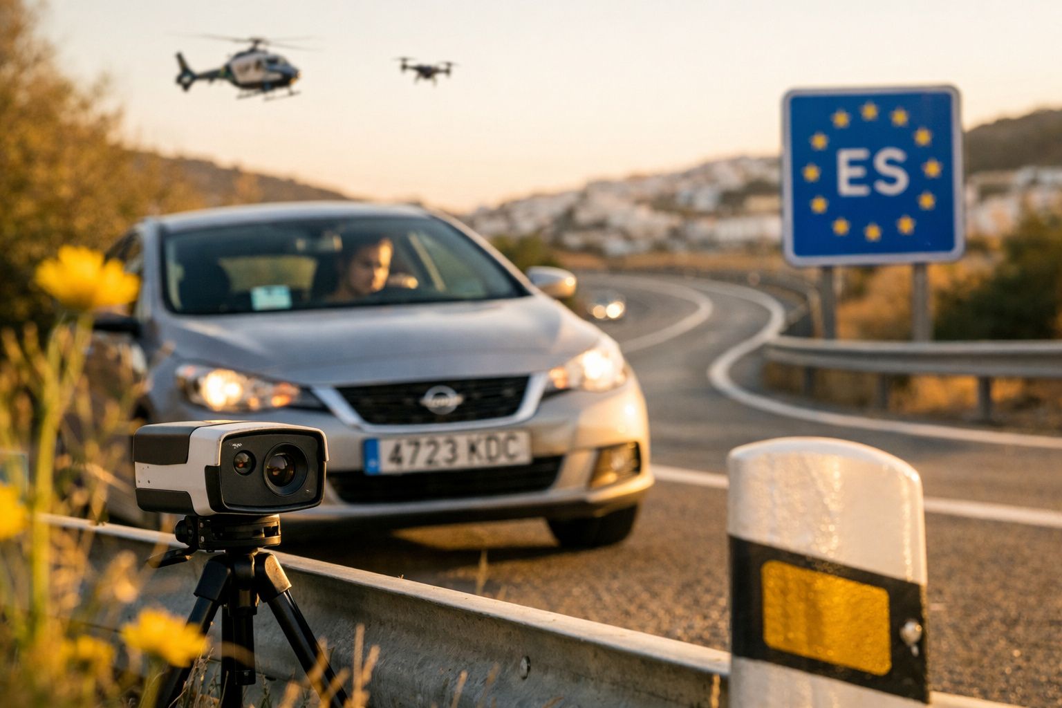 Carro a passar por radar de velocidade numa estrada junto a uma placa da fronteira Espanha (ES).