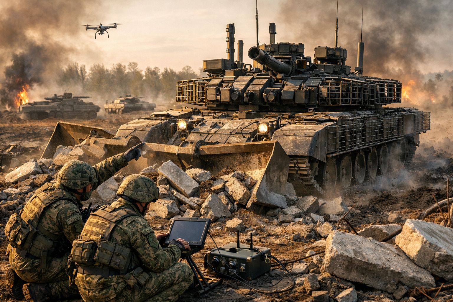 Soldados operam drone e monitorizam tanque militar em campo de batalha com destroços e fogo ao fundo.