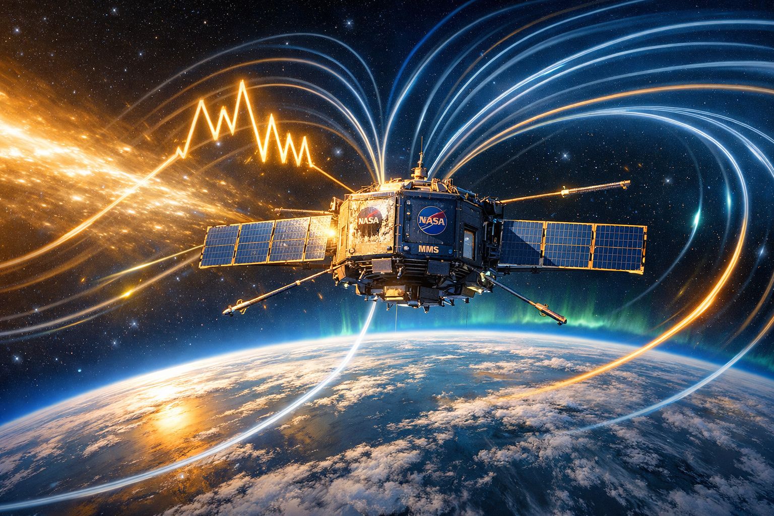 Satélite da NASA em órbita terrestre com representação visual de campos magnéticos e ondas solares.