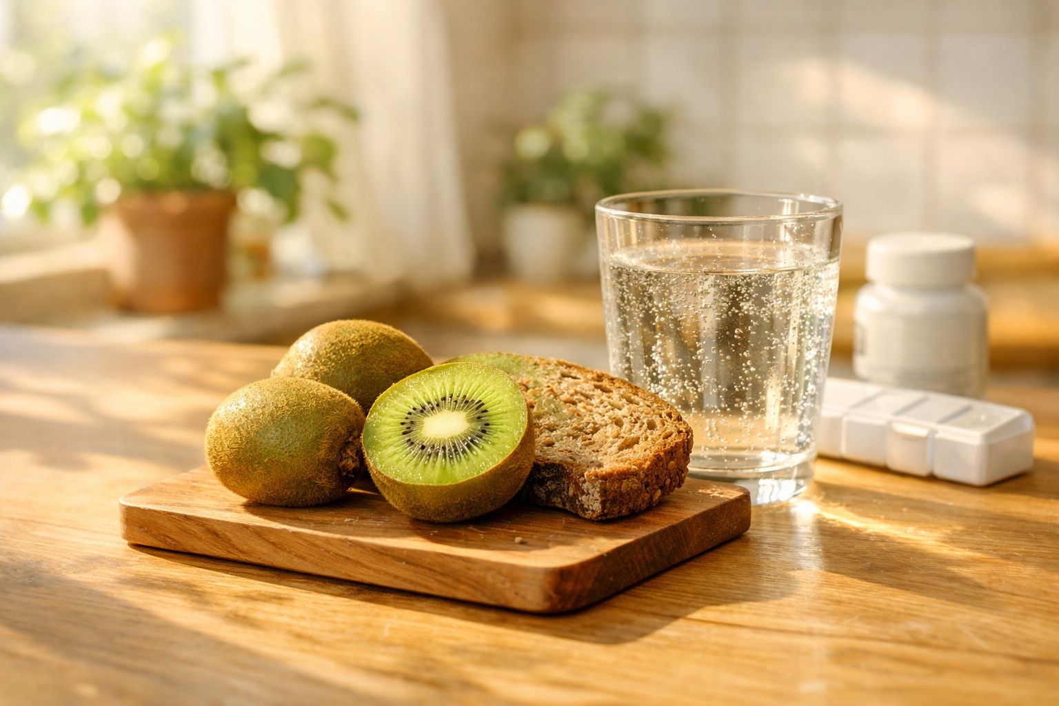 Pão integral, kiwis cortados, copo de água com gás e frascos de medicamentos numa tábua de madeira.