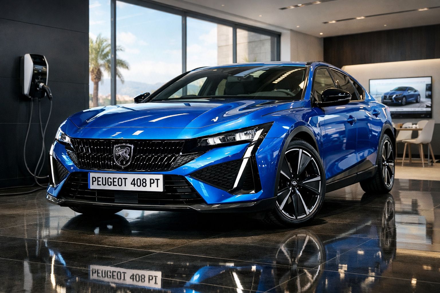 Carro elétrico Peugeot 408 azul exposto em showroom moderno com carregador na parede à esquerda.