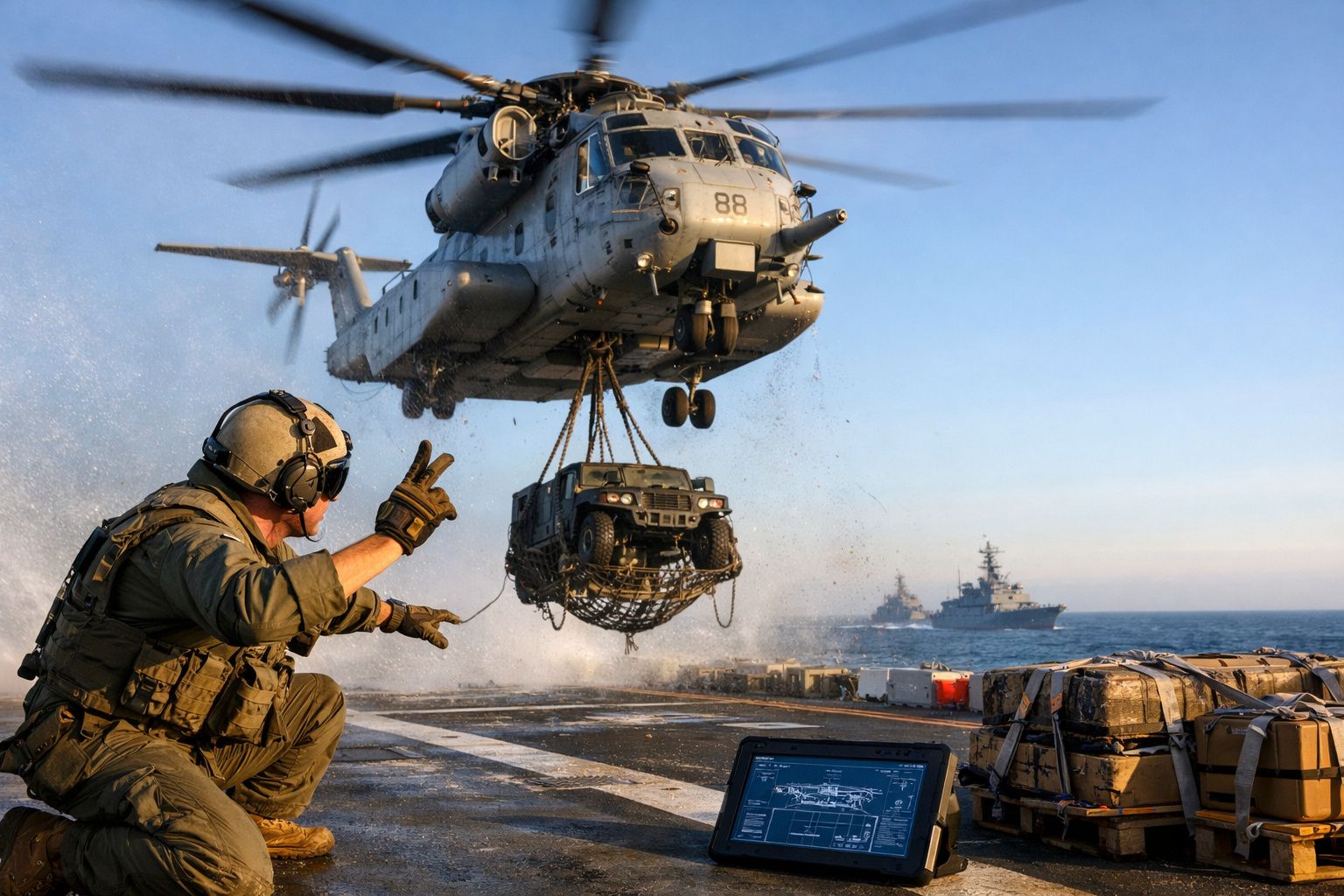 Helicóptero militar suspende veículo durante operação naval, com dois navios e um soldado no convés ao pôr do sol.