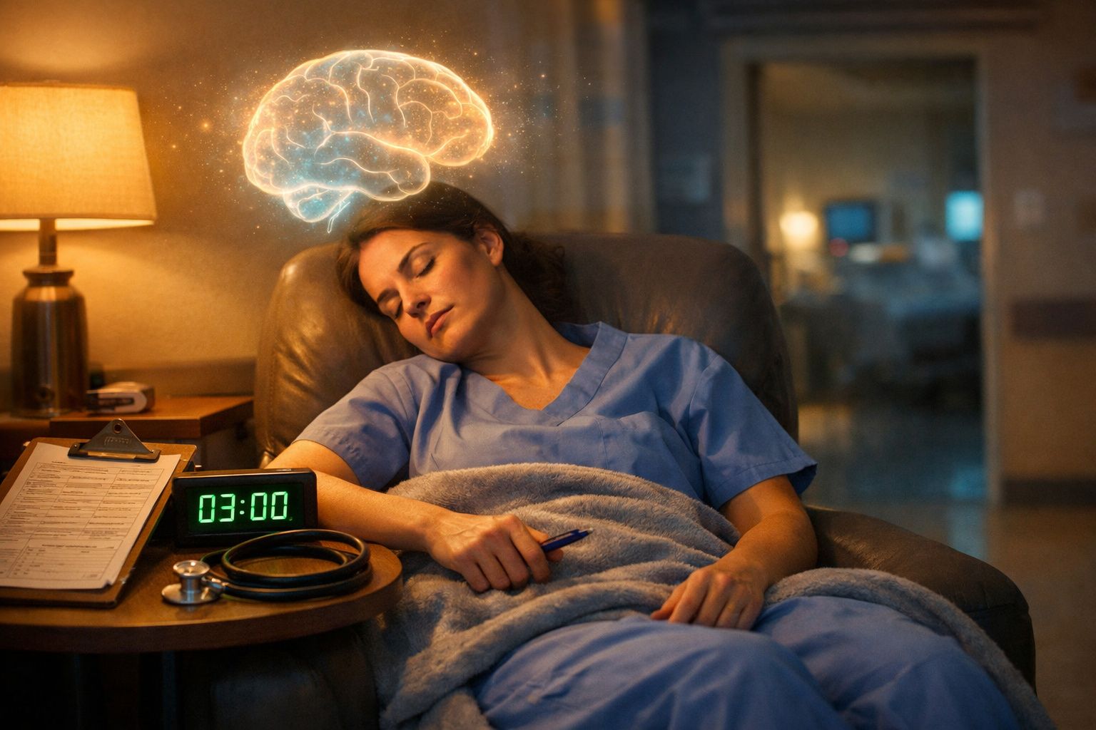 Mulher vestida de profissional de saúde adormecida num sofá com um cérebro luminoso flutuando acima da cabeça.