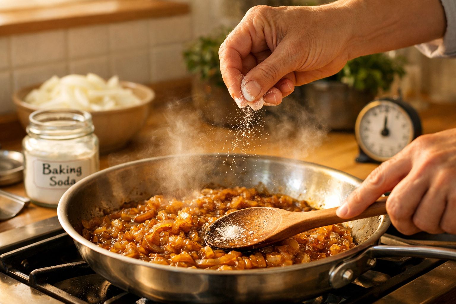 Pessoa a temperar cebola caramelizada numa frigideira com uma colher de pau numa cozinha.