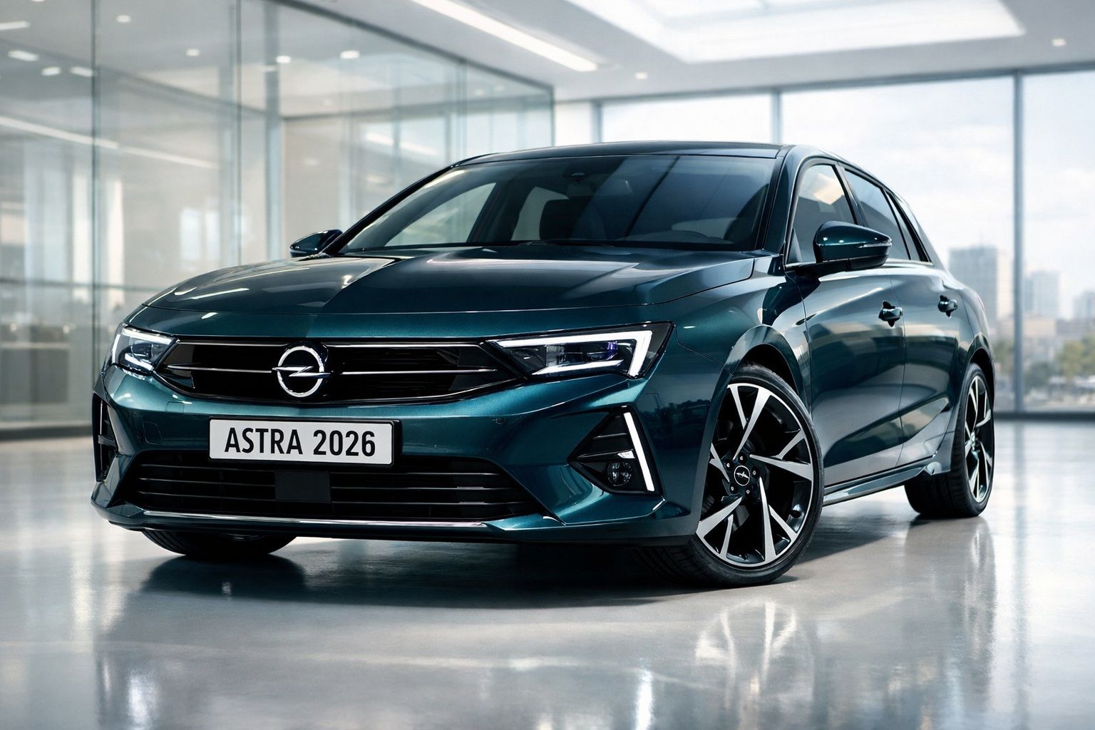 Automóvel Opel Astra 2026 de cor azul escuro, estacionado em interior de showroom moderno.