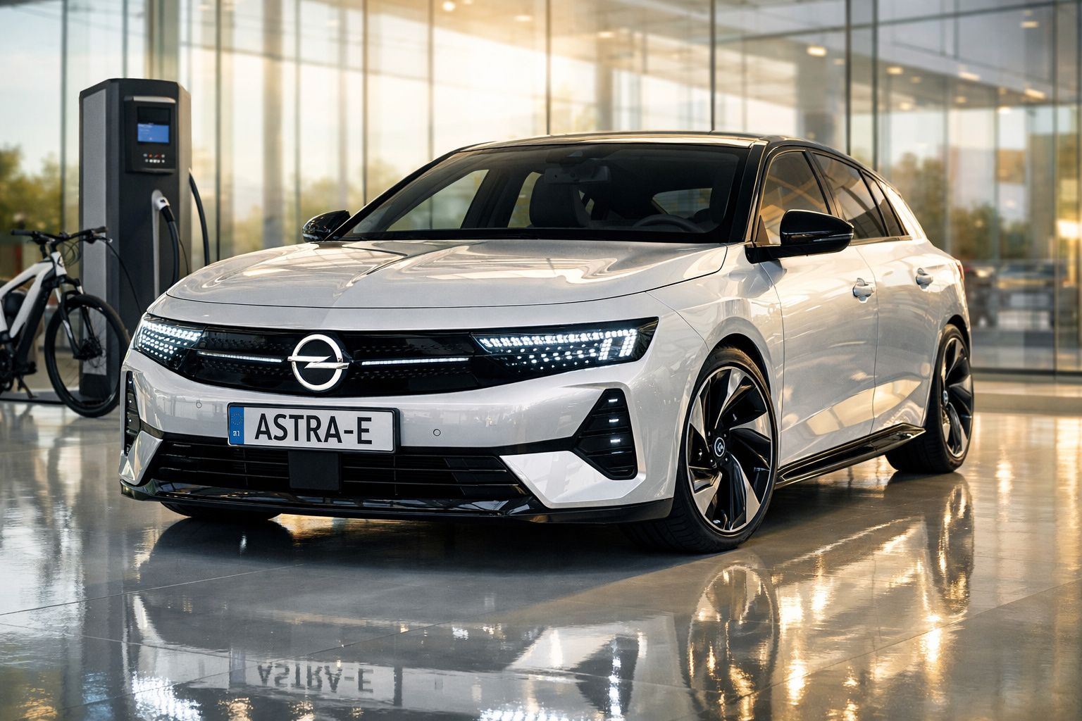 Carro elétrico Opel Astra-E branco estacionado interiormente junto a posto de carregamento.