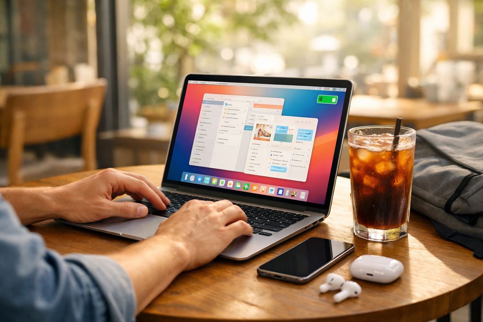 Pessoa a usar portátil num café, com smartphone, auscultadores sem fios e bebida gelada na mesa de madeira.