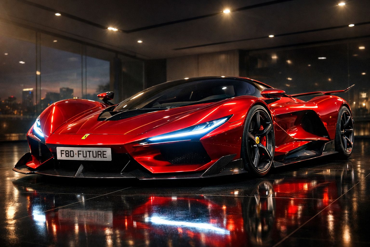 Carro desportivo Ferrari vermelho futurista com luzes LED azuis, em piso reflector num ambiente escuro.