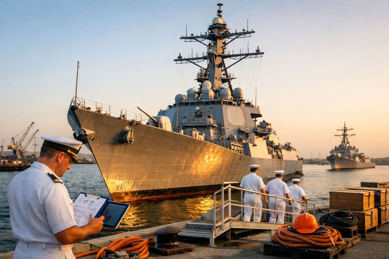 Navio de guerra ancorado ao porto com marinheiros em uniforme branco e caixas de madeira na doca ao pôr do sol.