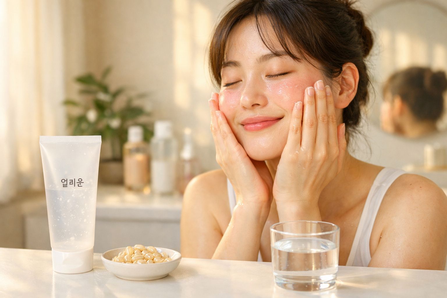 Mulher asiática a cuidar da pele com expressão de conforto, tubos e cápsulas de cosméticos sobre a mesa.