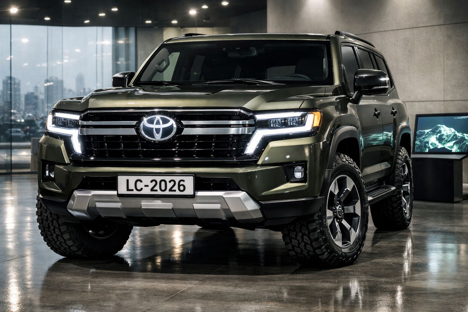 Toyota Land Cruiser 2026 verde em ambiente interior com luzes LED acesas e pneus off-road robustos.