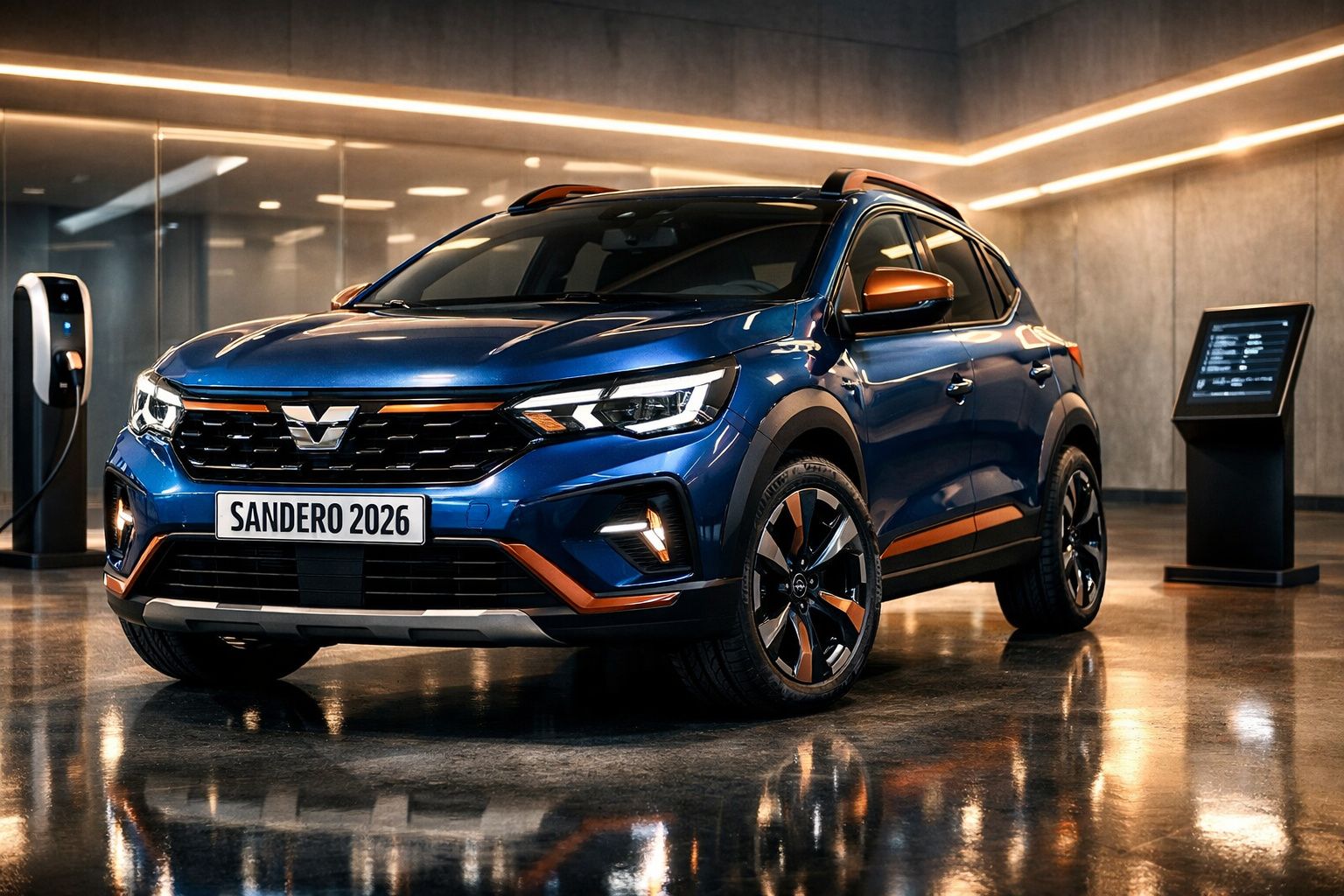 Carro elétrico azul e laranja Sandero 2026 estacionado em sala moderna com iluminação ambiente.