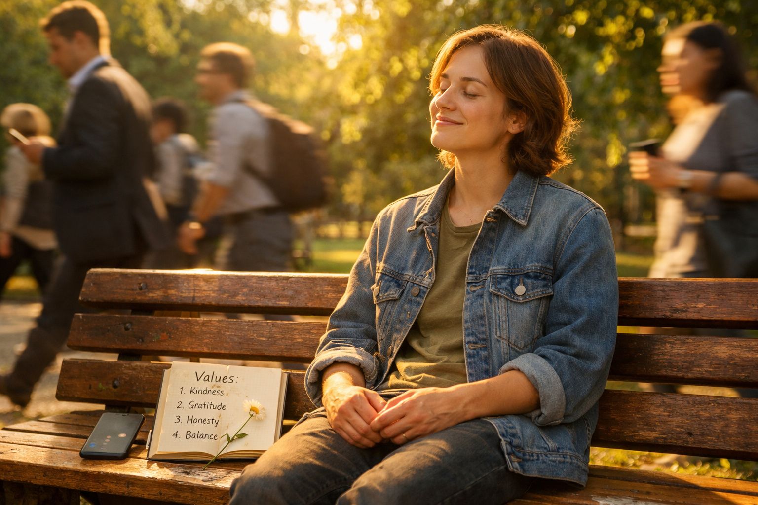 Mulher relaxa num banco de parque ao sol, com diário aberto e telemóvel ao lado.
