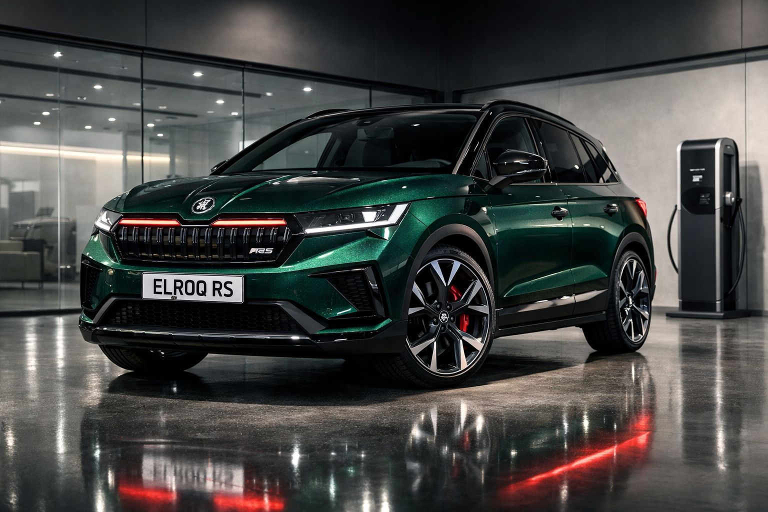 Carro elétrico verde escuro modelo ELROQ RS estacionado no interior junto a carregador elétrico.