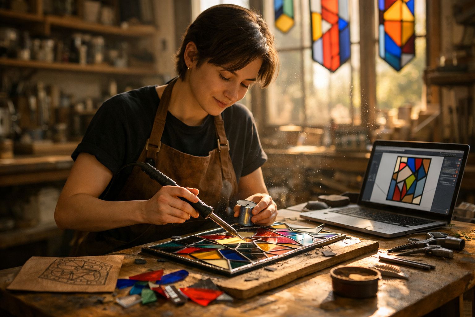 Artista a soldar vitral colorido numa mesa de trabalho com computador e ferramentas ao lado.
