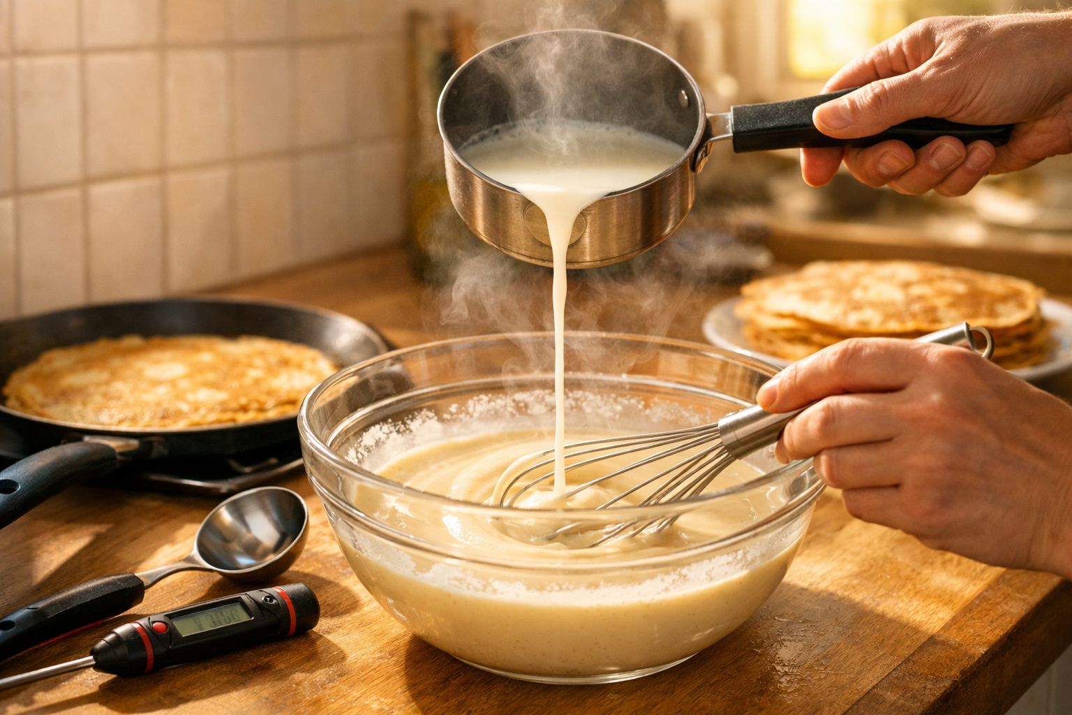 Pessoa a preparar massa de panquecas numa taça de vidro numa cozinha com panquecas e frigideira ao fundo.