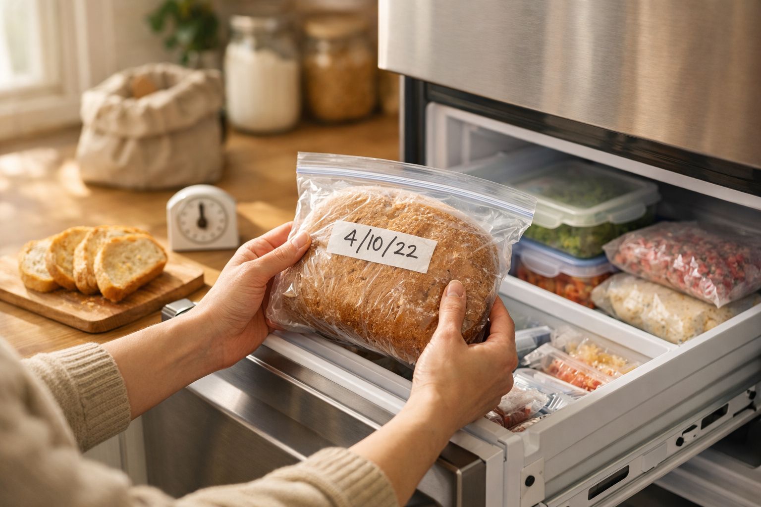 Mãos a colocar pão embalado e datado no congelador com alimentos armazenados em recipientes.