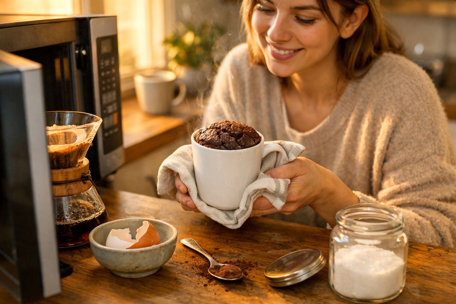 Mulher sorridente segura caneca com bolo de chocolate quente na cozinha iluminada por luz natural.