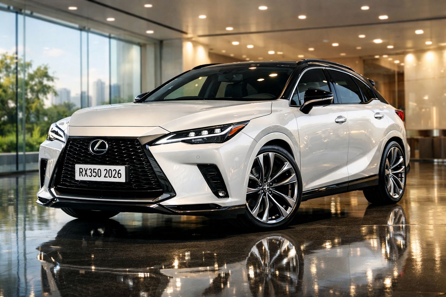 Lexus RX350 2026 branco estacionado em interior moderno com piso brilhante e janelas amplas.
