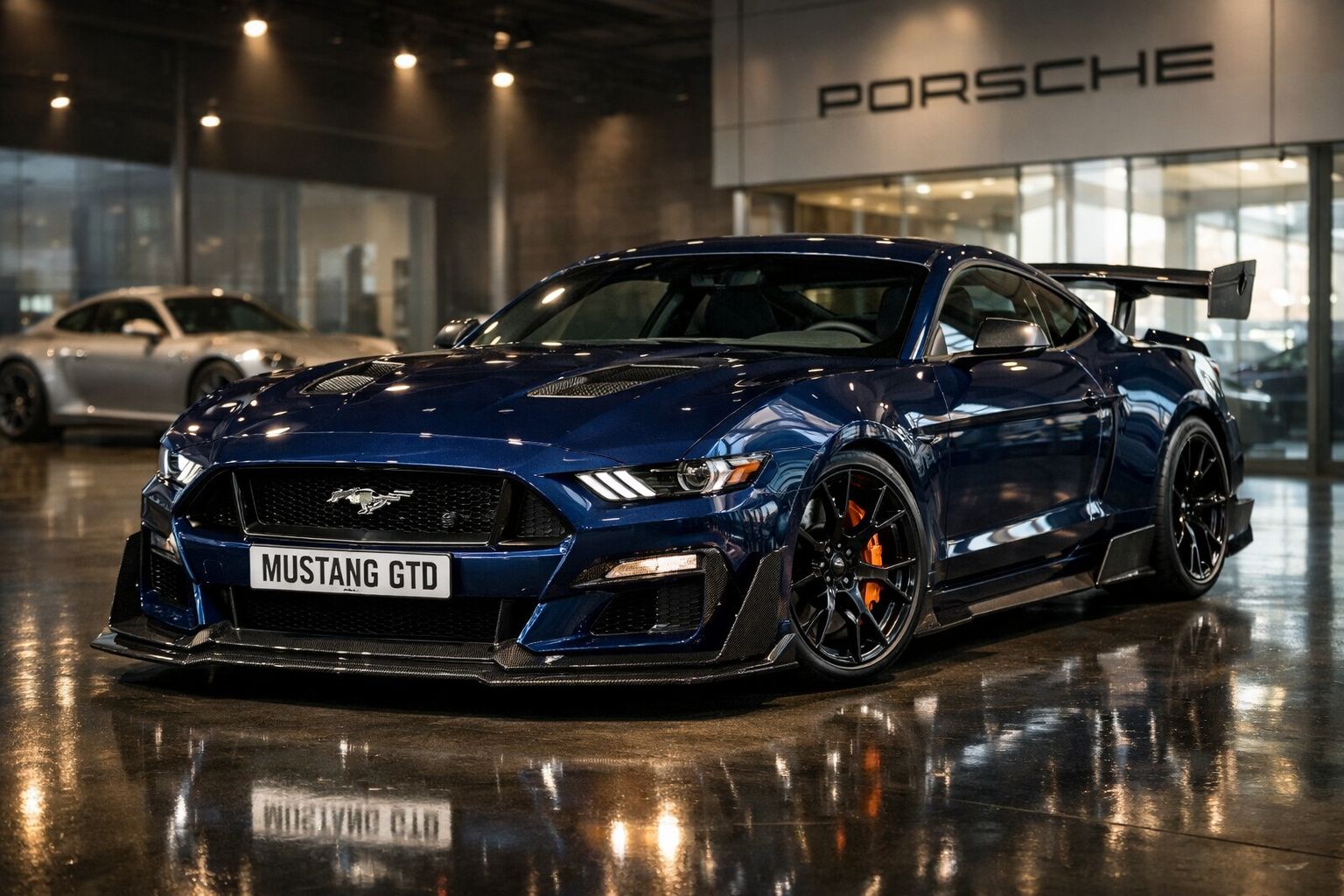 Carro desportivo Ford Mustang GTD azul estacionado em showroom com piso reflectivo e luz ambiente.