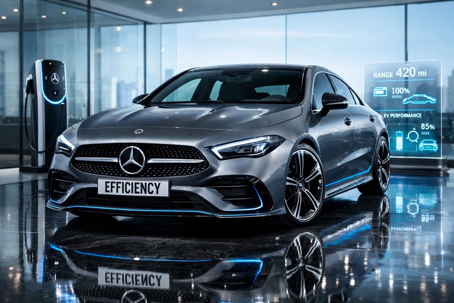 Carro elétrico Mercedes-Benz cinza a carregar numa estação com dados digitais de autonomia e desempenho ao fundo.