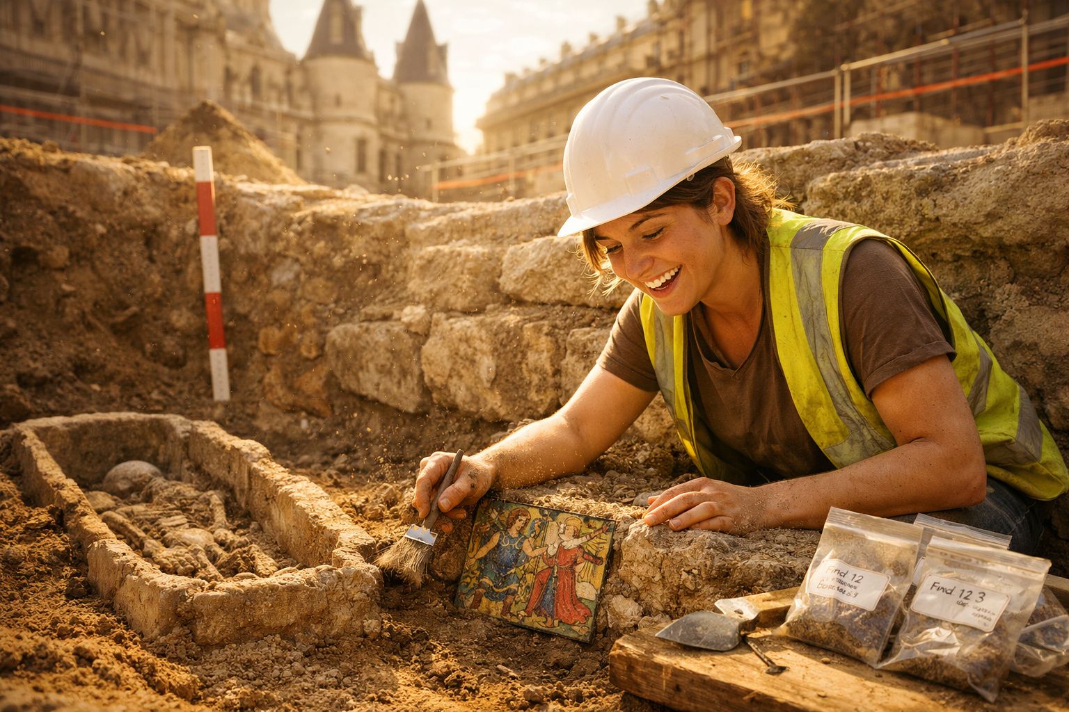 Arqueóloga com capacete e colete reflete ao escavar um mosaico colorido num sítio arqueológico urbano.