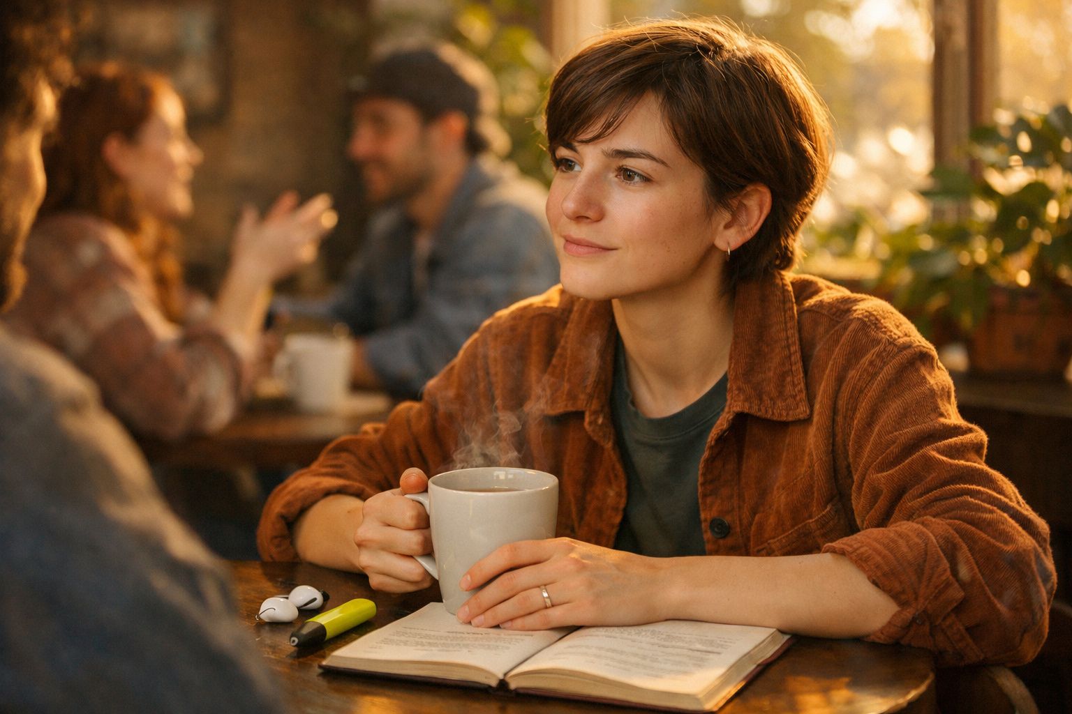 Mulher jovem sentada numa cafetaria com chá quente, olhando pensativa, livro aberto à sua frente.