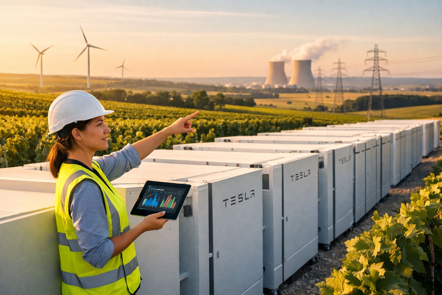 Mulher com capacete e colete reflector analisa baterias Tesla ao ar livre com turbinas e usina ao fundo.