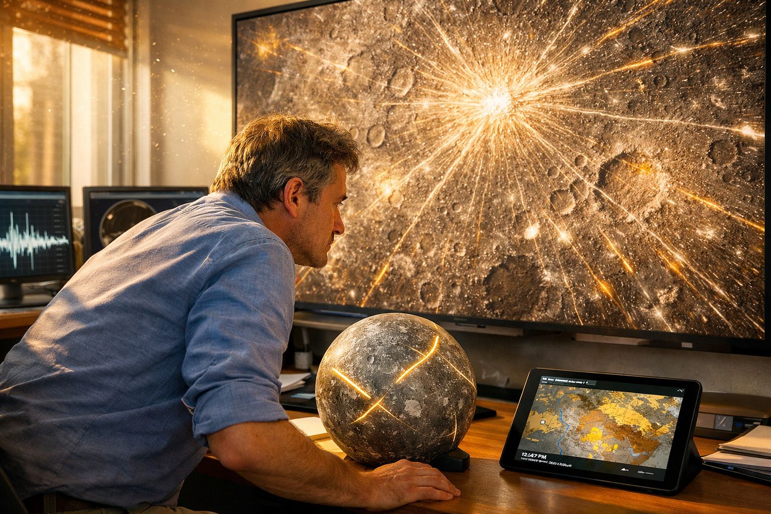 Homem observa mapa lunar detalhado com globo iluminado e ecrã tátil com mapa geográfico numa sala de estudo.