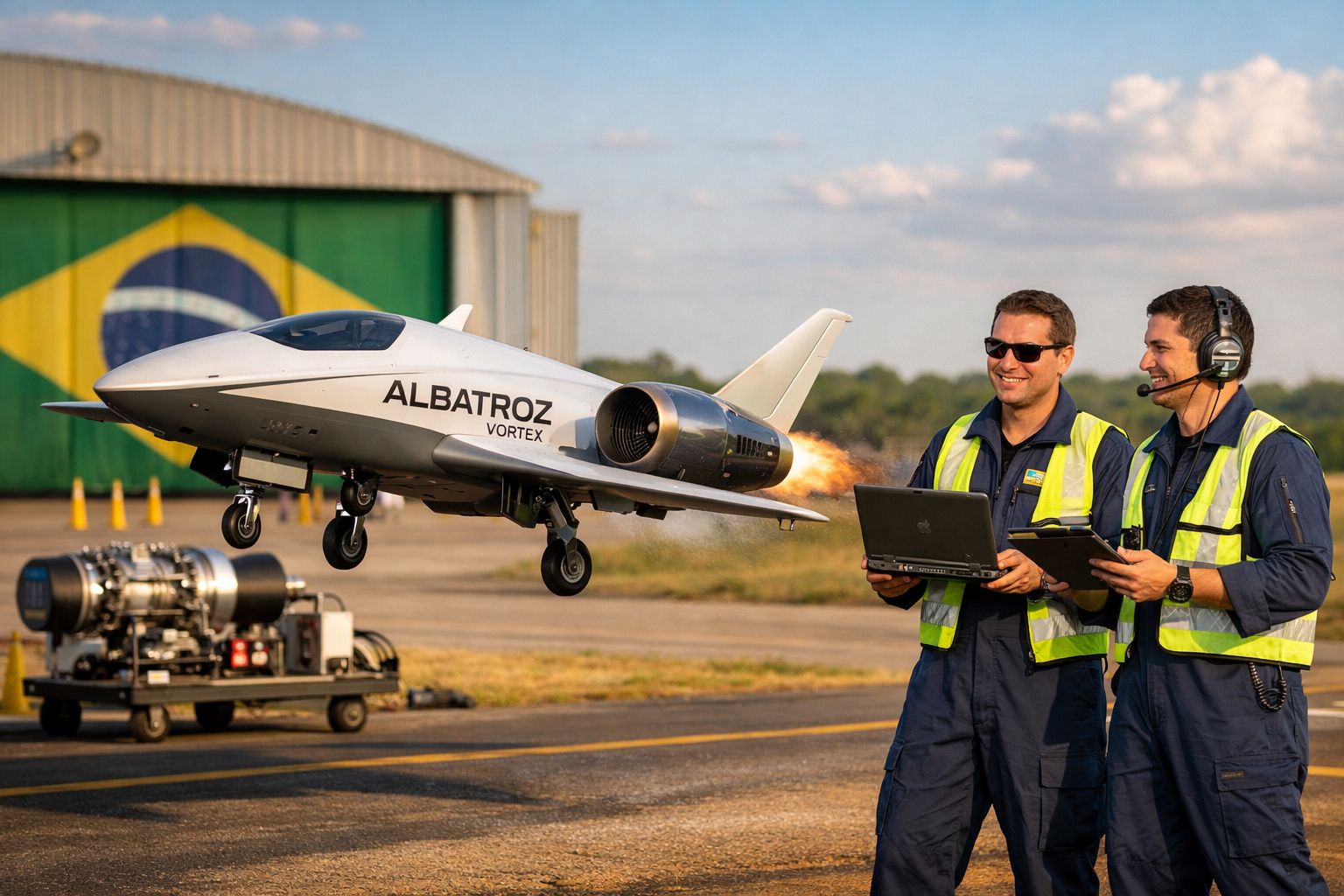 Dois técnicos em fatos azuis e coletes refletores operam com um computador o drone Albatroz Vortex a descolar de pista.