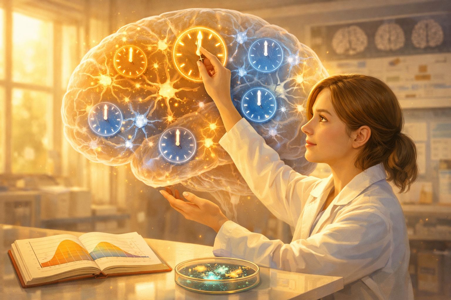 Mulher em branco, controla relógios dentro de cérebro iluminado simulando neurónios e sinapses.