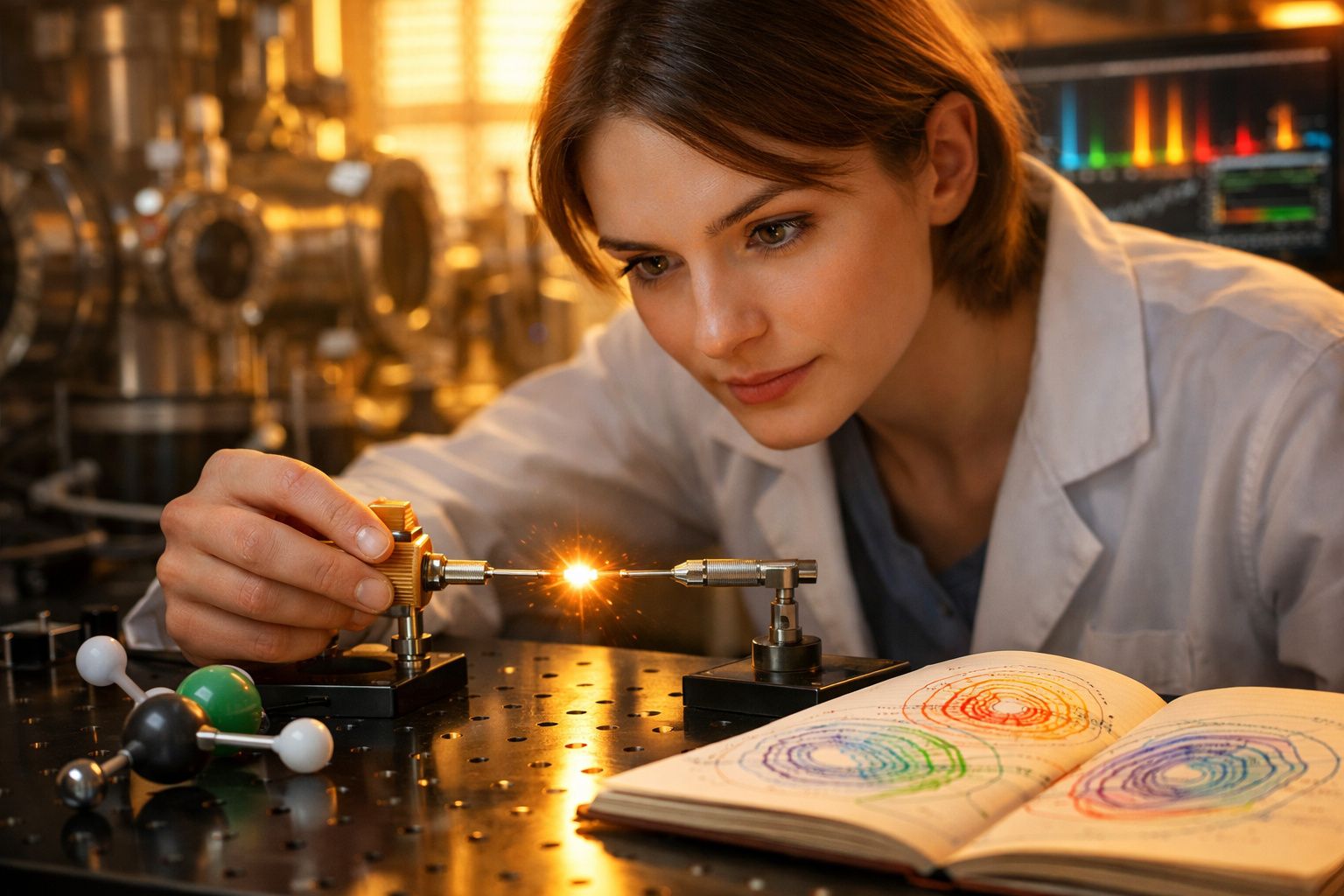Jovem cientista em laboratório a manipular equipamento com faísca e livro aberto com diagramas coloridos.