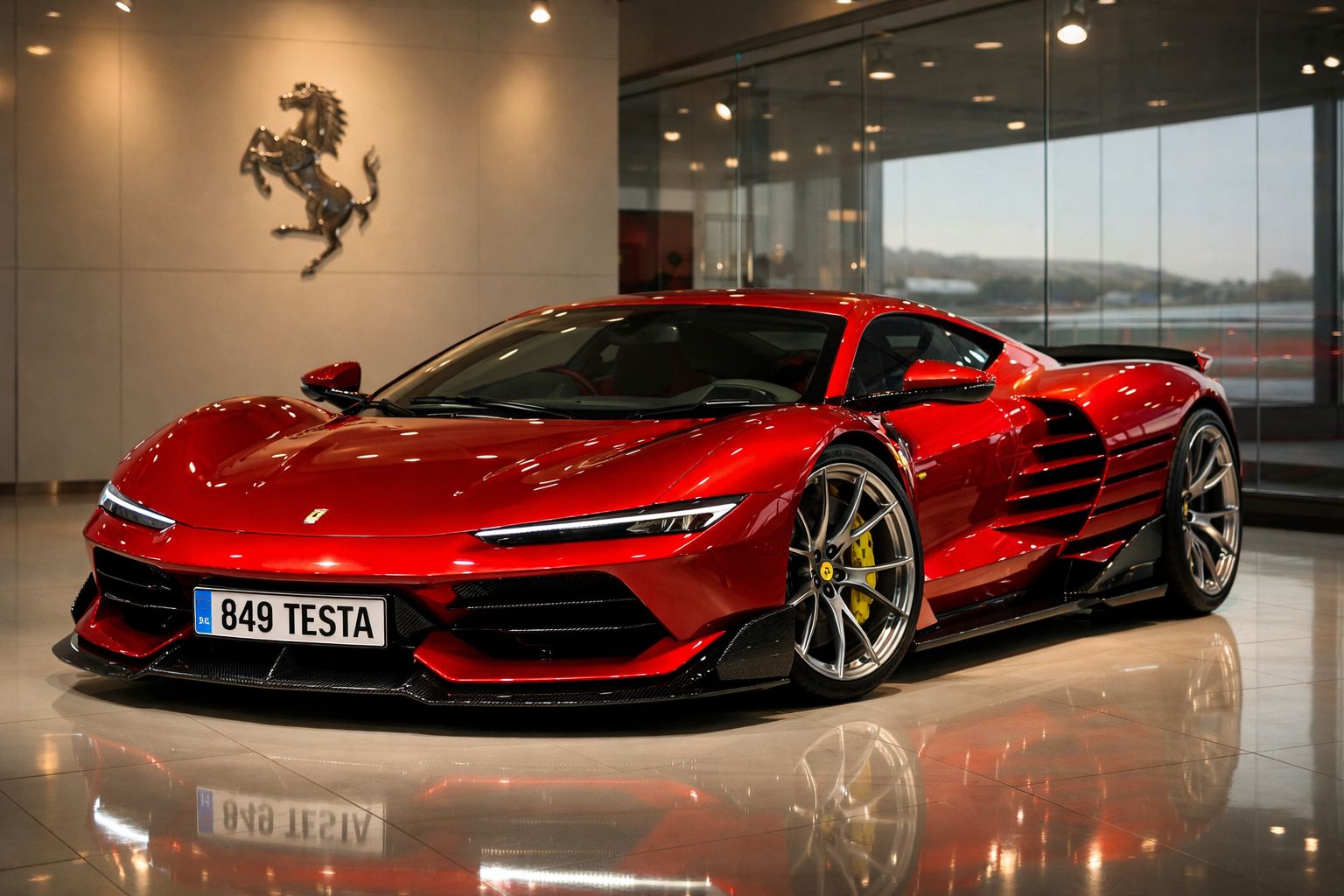 Carro desportivo Ferrari vermelho com design aerodinâmico em exposição interior moderna.