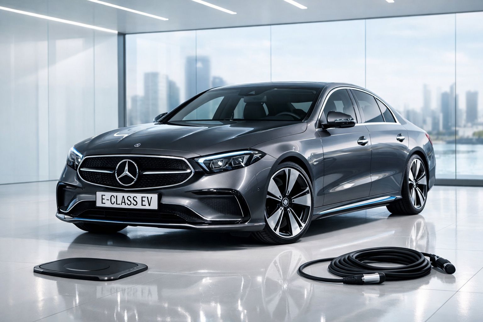 Mercedes-Benz E-Class EV cinzento estacionado num showroom moderno com cabo de carregamento elétrico no chão.