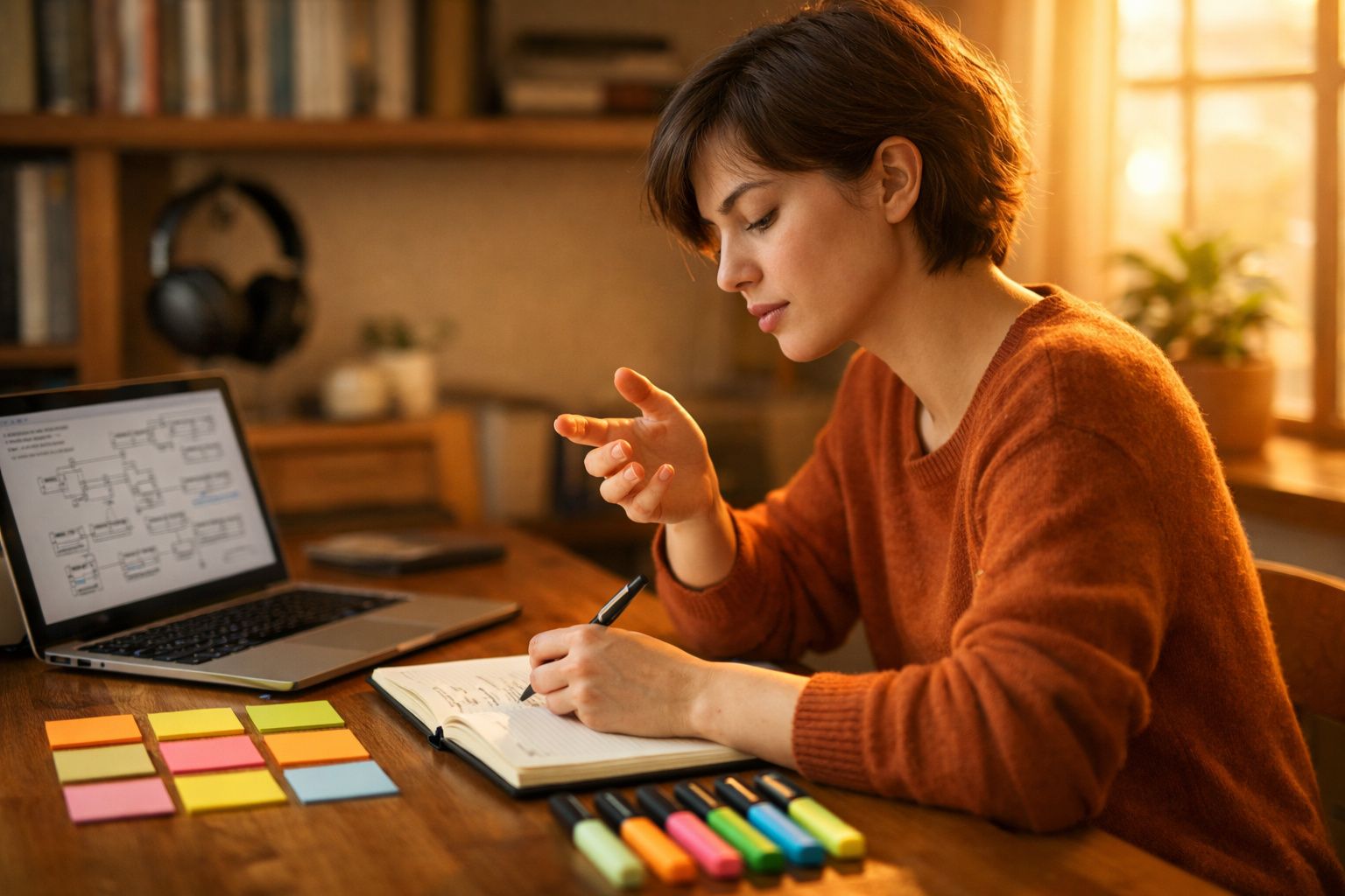 Mulher jovem escreve num caderno com laptop aberto e notas coloridas numa mesa de madeira.