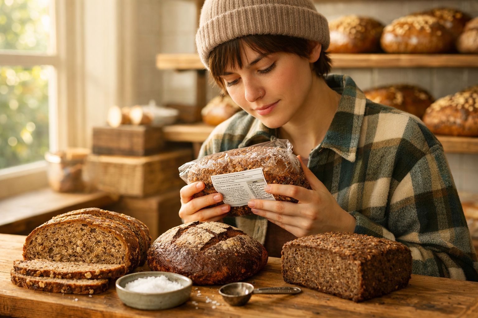 Jovem com gorro segura pão embalado numa padaria rústica com vários pães integrais sobre mesa de madeira.