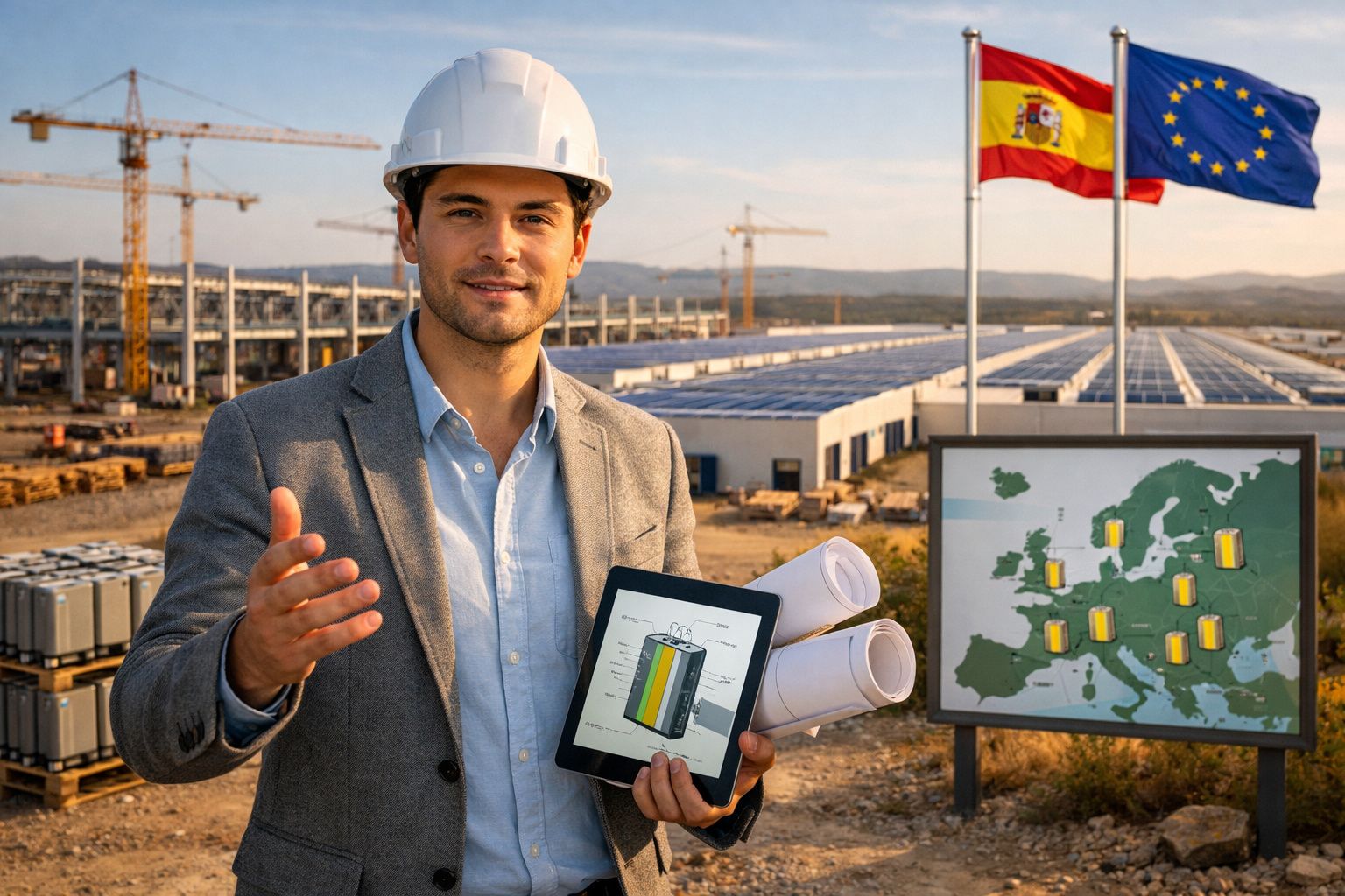 Engenheiro em obra solar mostra tabela de eficiência de baterias com mapa da Europa ao fundo.