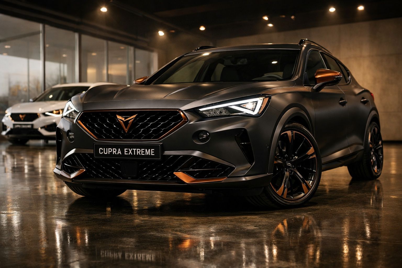 Automóvel preto Cupra Extreme estacionado em piso refletor dentro de garagem iluminada.