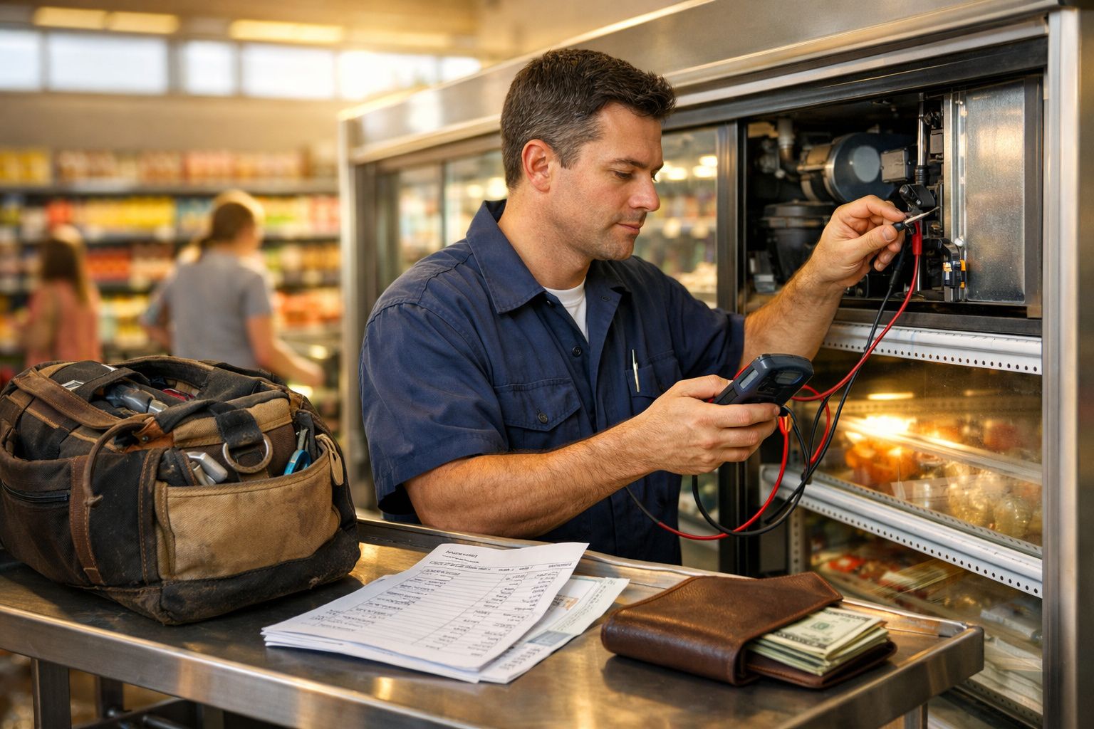 Técnico a reparar equipamento de refrigeração num supermercado com ferramentas e documentos numa mesa.