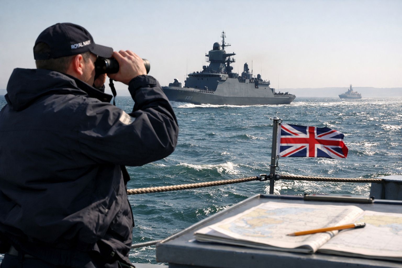 Marinheiro da Marinha Real observa com binóculos navios de guerra no mar com bandeira do Reino Unido ao lado.