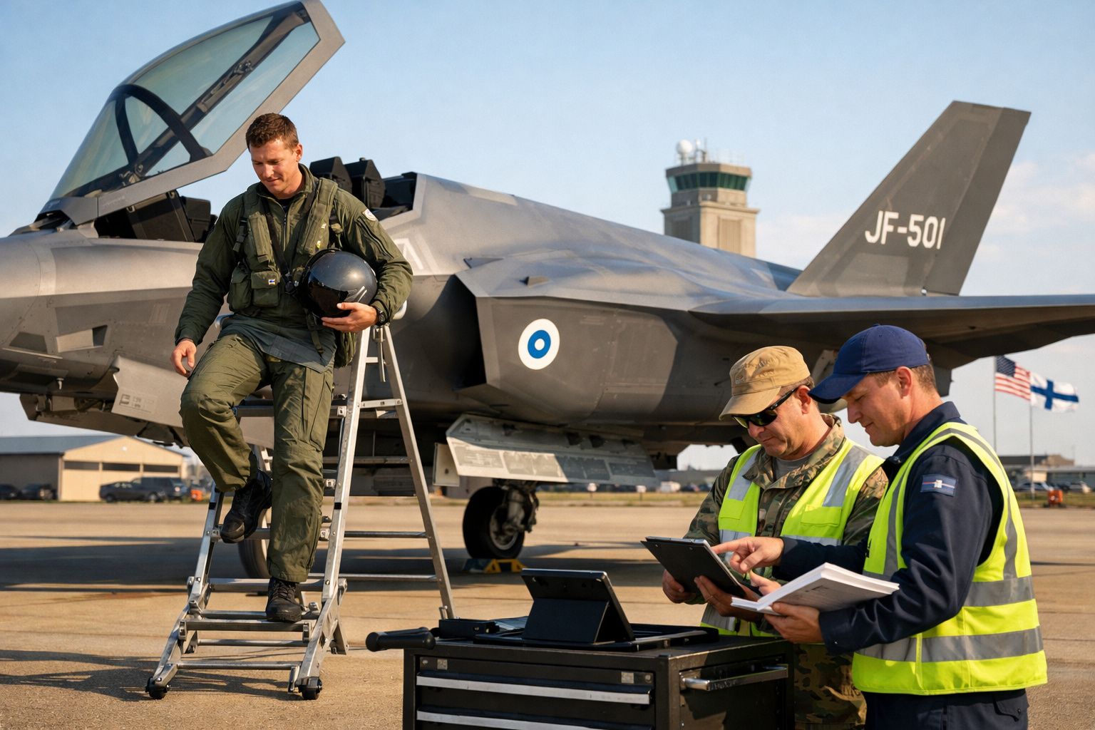 Piloto a sair de jato militar cinzento com dois técnicos a examinar documentos junto à aeronave.