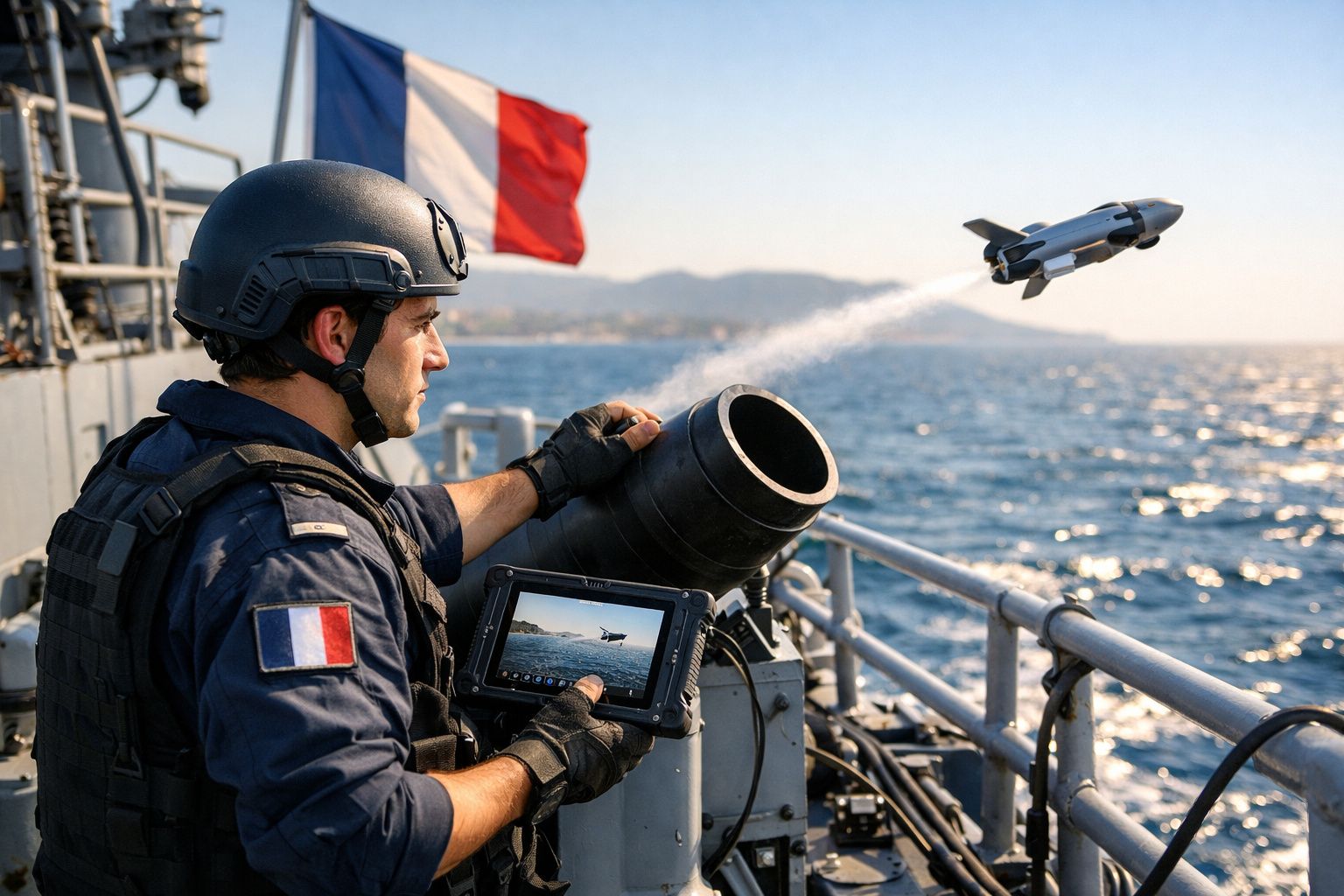 Militar francês numa embarcação controla lançamento de drone no mar com bandeira da França ao fundo.