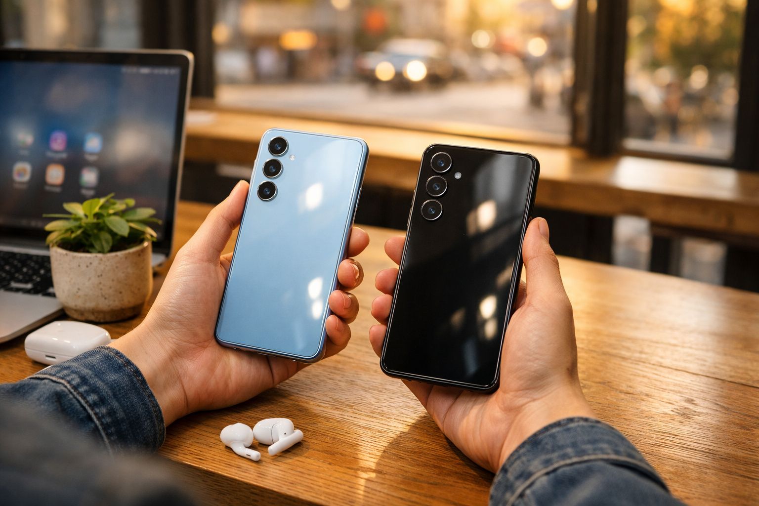 Pessoa segura dois telemóveis modernos, um azul e outro preto, sobre mesa de madeira com computador portátil ao fundo.