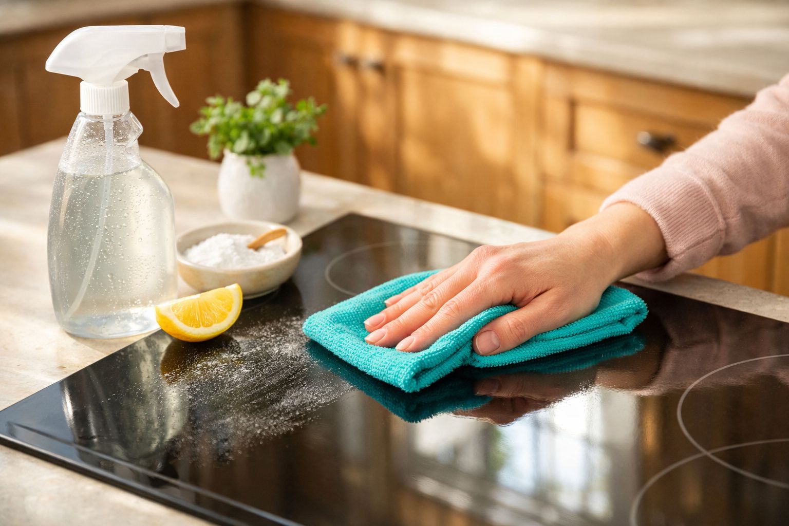 Pessoa a limpar placa de fogão com pano azul, spray de limpeza, meio limão e recipiente com sal num balcão de cozinha.