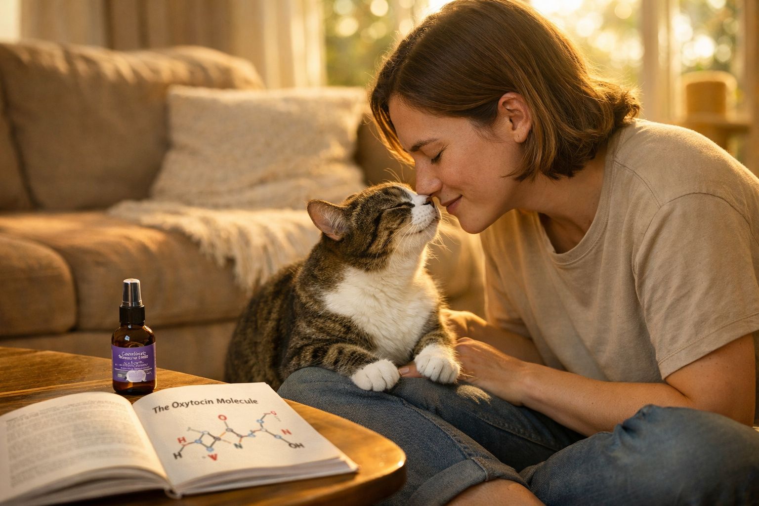 Mulher sentada no chão a tocar com o focinho num gato em sala iluminada com livro e frasco na mesa.