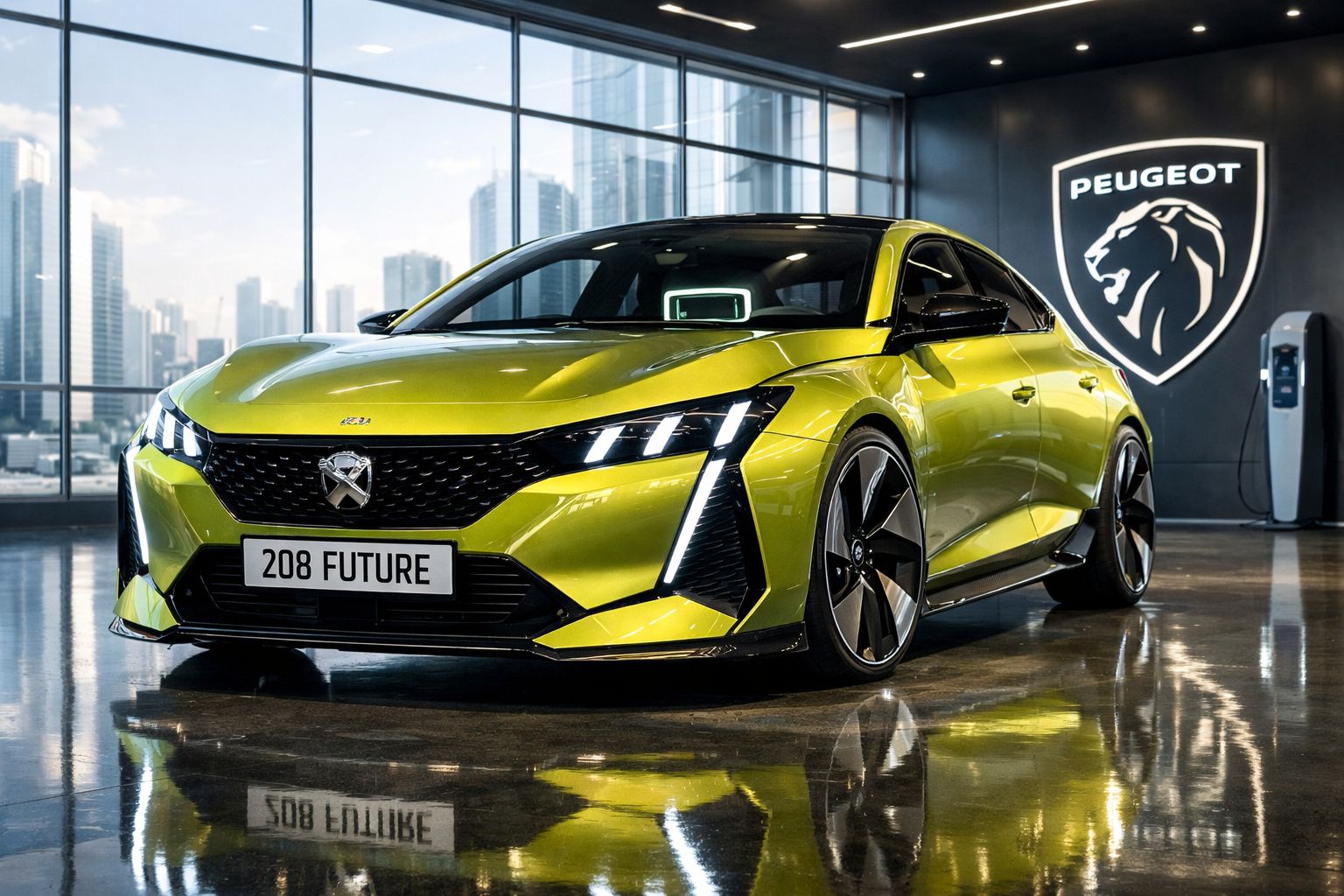Peugeot 208 Future amarelo brilhante exposto em showroom moderno com logótipo Peugeot no fundo.