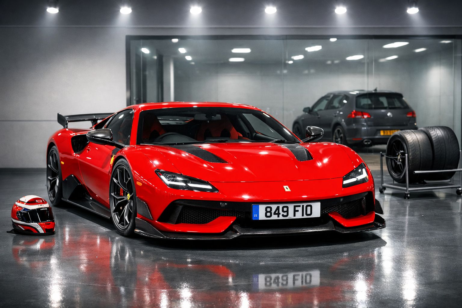Carro desportivo vermelho com capacete à esquerda, garagem com rodas e outro carro ao fundo.
