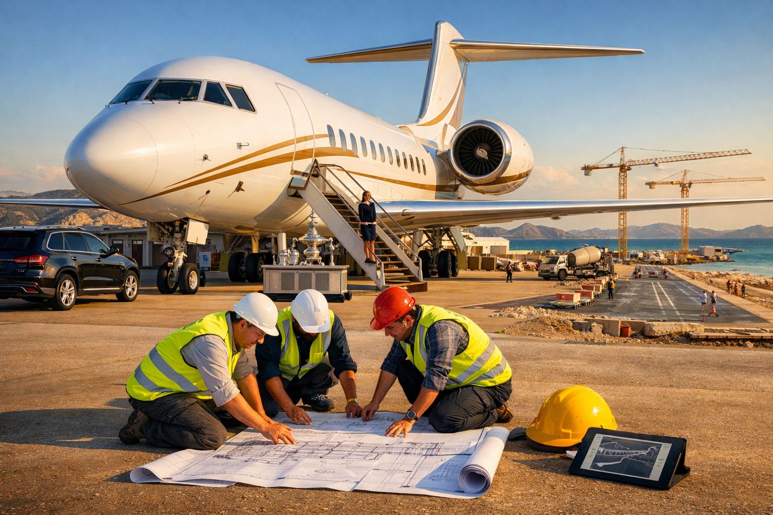 Três trabalhadores com coletes e capacetes planificam junto a um jato privado num aeroporto em construção perto do mar.